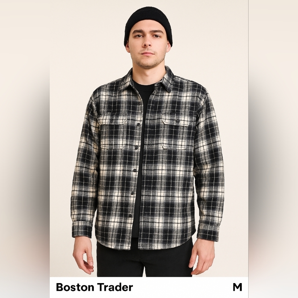 Boston Trader Men’s‎ Sherpa Lined Plaid Flannel Shirt Jacket Medium Black White